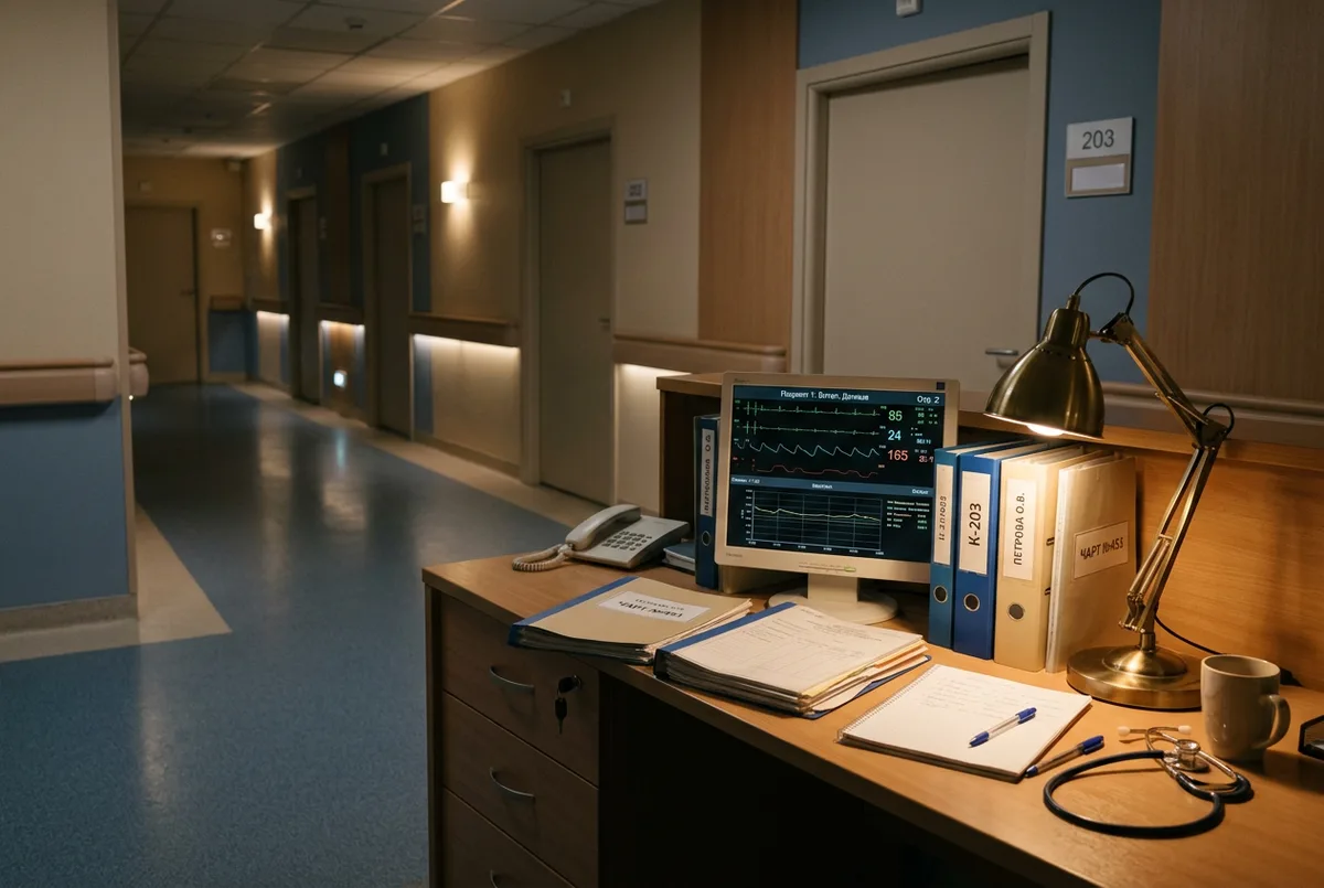 Пост медсестры: рабочая стойка с монитором и картами пациентов
